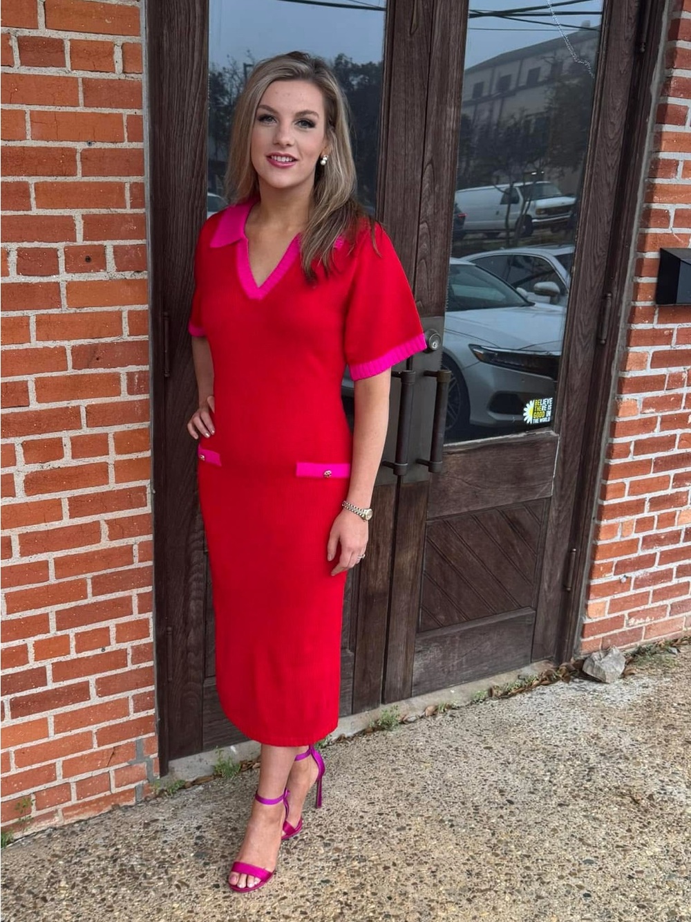 Sugarlips Red Midi Pencil Skirt with Hot Pink Trim